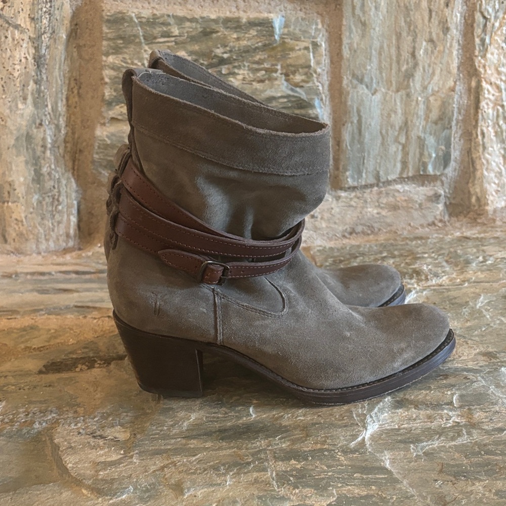 Frye Dark Green/Gray Suede Ankle Boots with Brown Leather Strap Accents